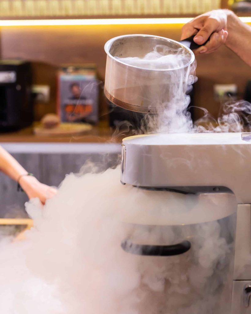 smoke vapor dry ice in bowl in the kitchen